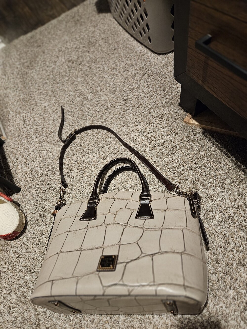 Dooney & Bourke Cream Croc-Embossed Satchel with Dark Trim